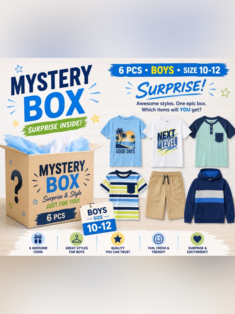 Boys Mystery Box Bundle 6 Pcs everyday wear Surprise Clothing Mix/size L (10-12)